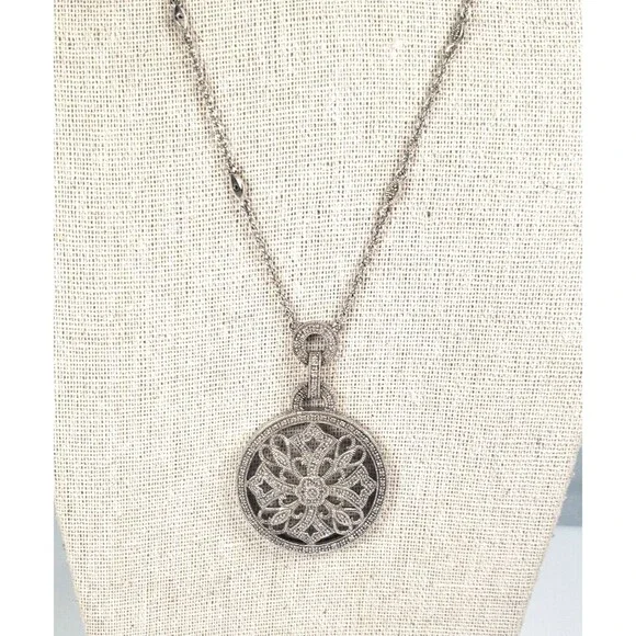 Vintage 925 Sterling Silver w Diamond Circle Cross Hearts Pendant Chain Necklace - Picture 6 of 16